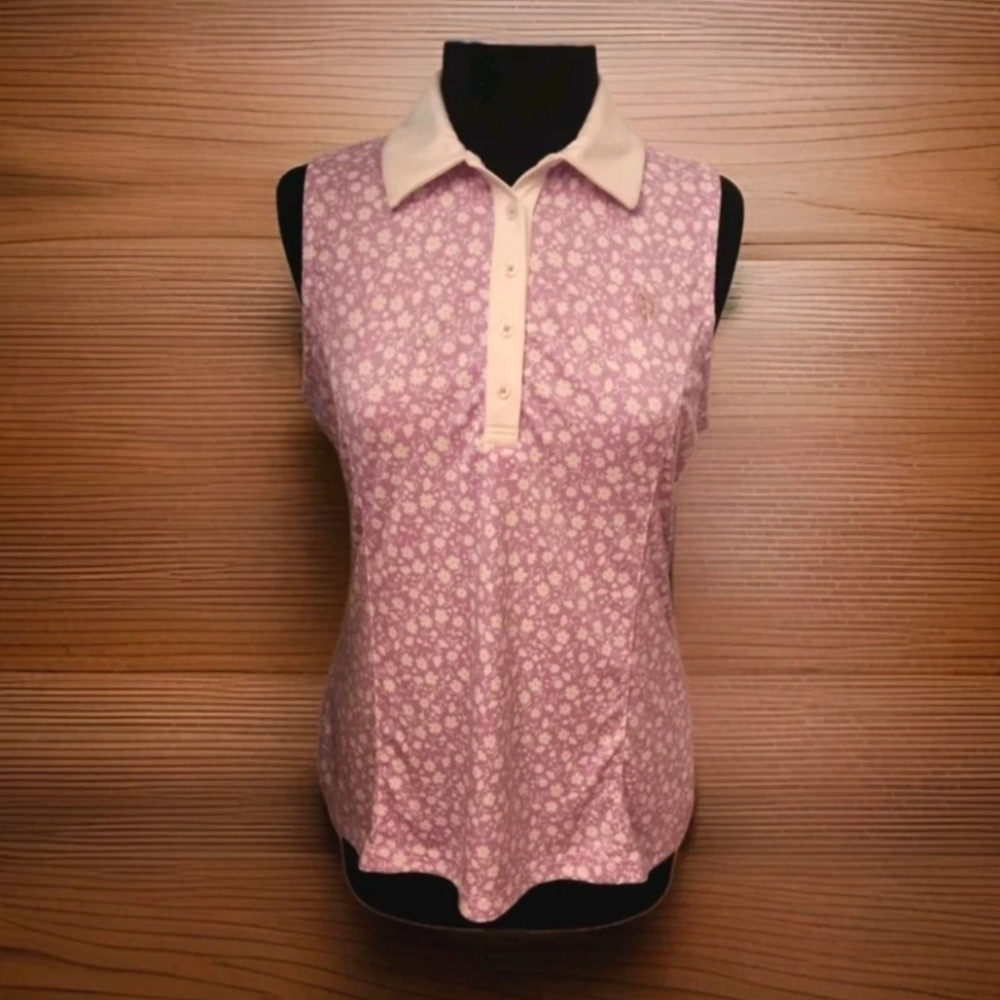 Womens Button Up Collared Sleeveless Purple Floral Golf Tennis Polo Shirt Top L